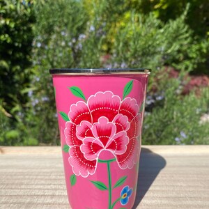 Hand-painted Stainless Steel/Enamel Tumbler from Kashmir Bright Pink