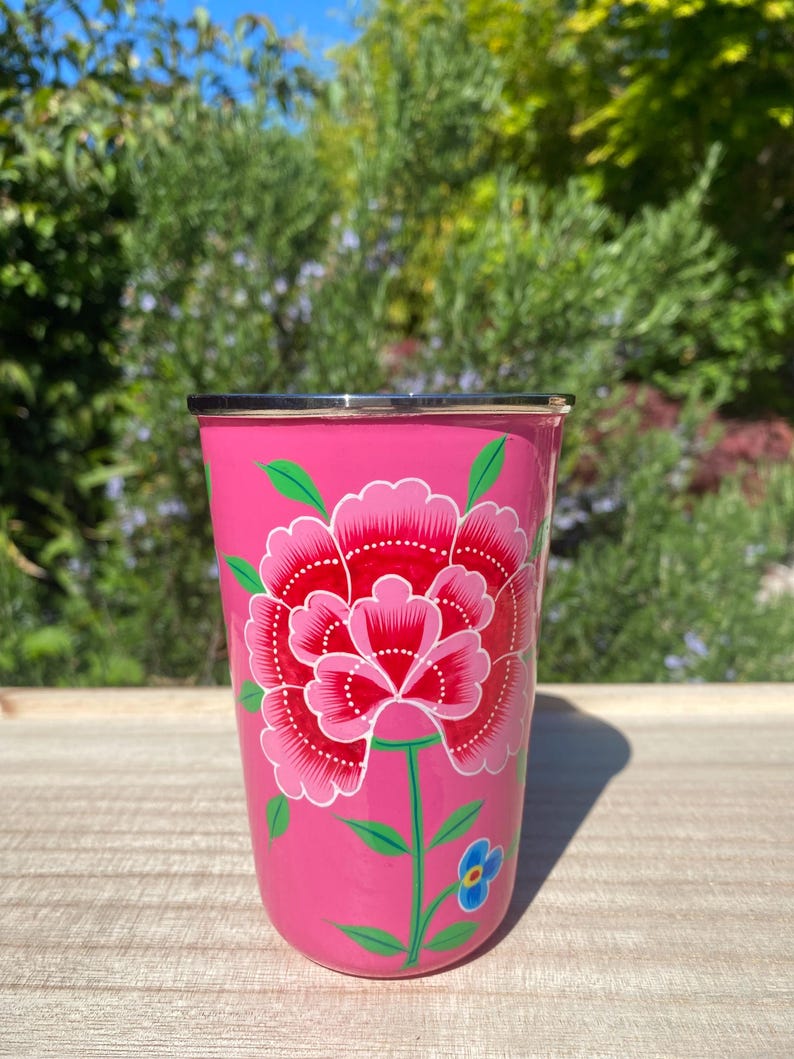 Hand-painted Stainless Steel/Enamel Tumbler from Kashmir Bright Pink