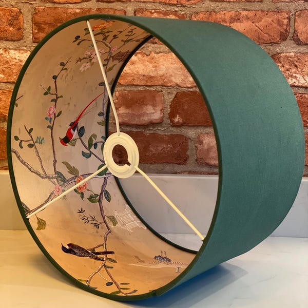 Dark Forest Green Linen Lampshade with Gold Chinoiserie Bird Lining