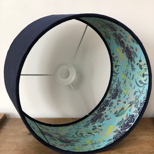 Handmade Dark Blue Navy Velvet Lampshade with Matthew Williamson Peacock and Peony Flower Lining