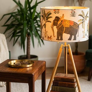 Indian Maharaja and Elephant Linen Drum Lampshade in Cream