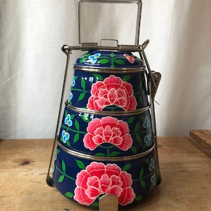 Hand-painted Stainless Steel/Enamel Tiffin from Kashmir in Dark Blue