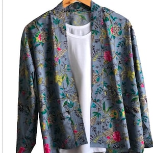 Cotton Kimono jacket in pale dusky blue with pink, yellow and green and flowers