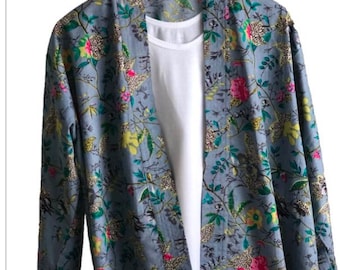 Cotton Kimono jacket in pale dusky blue with pink, yellow and green and flowers