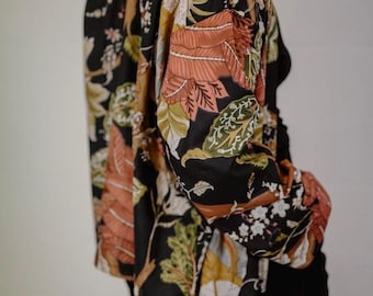 Cotton Kimono jacket in black with pink, grey, yellow and green flowers