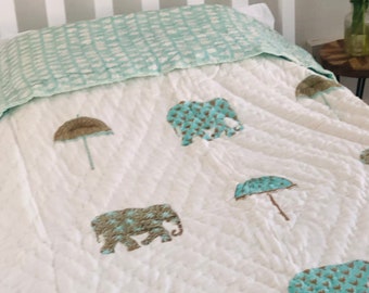 Indian Block Print Elephant Quilt in Turquoise Blue and White