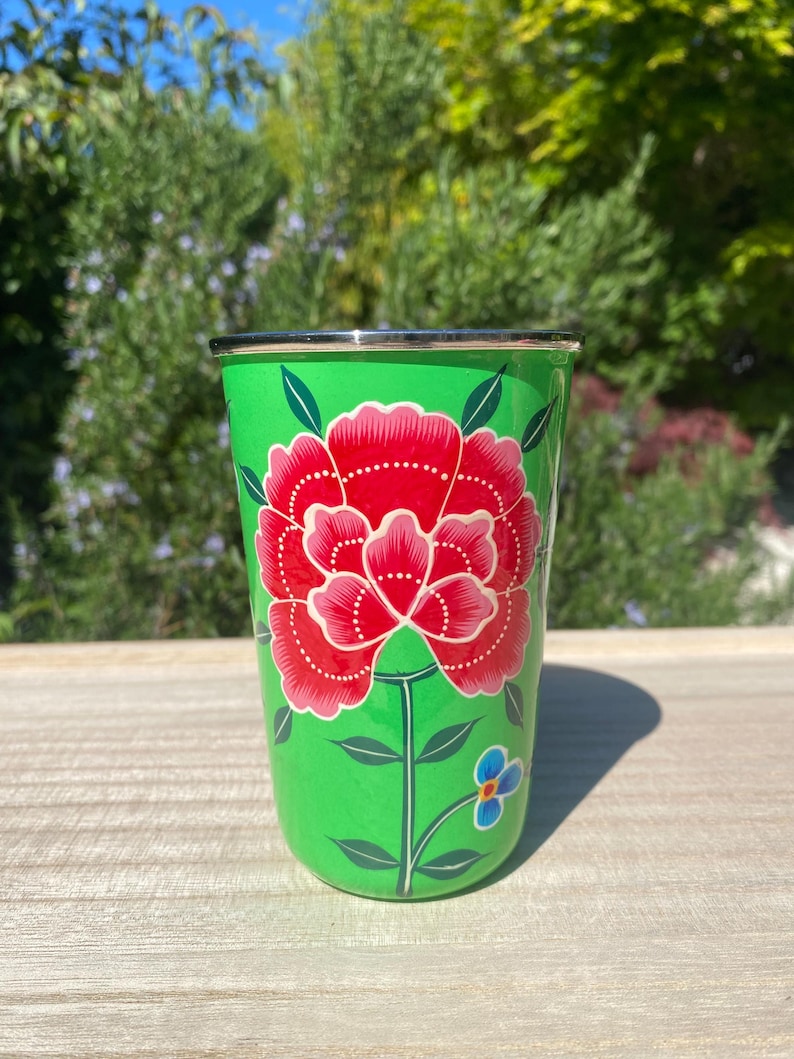 Hand-painted Stainless Steel/Enamel Tumbler from Kashmir Green