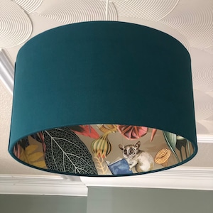 Teal Linen Lampshade with Gold Tropical Paper Lining