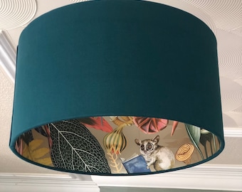 Teal Linen Lampshade with Gold Tropical Paper Lining