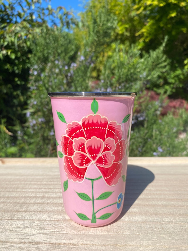 Hand-painted Stainless Steel/Enamel Tumbler from Kashmir Pink