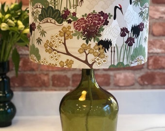 Vintage Japanese Crane and Cherry Blossom Lampshade in Green, Gold and Plum