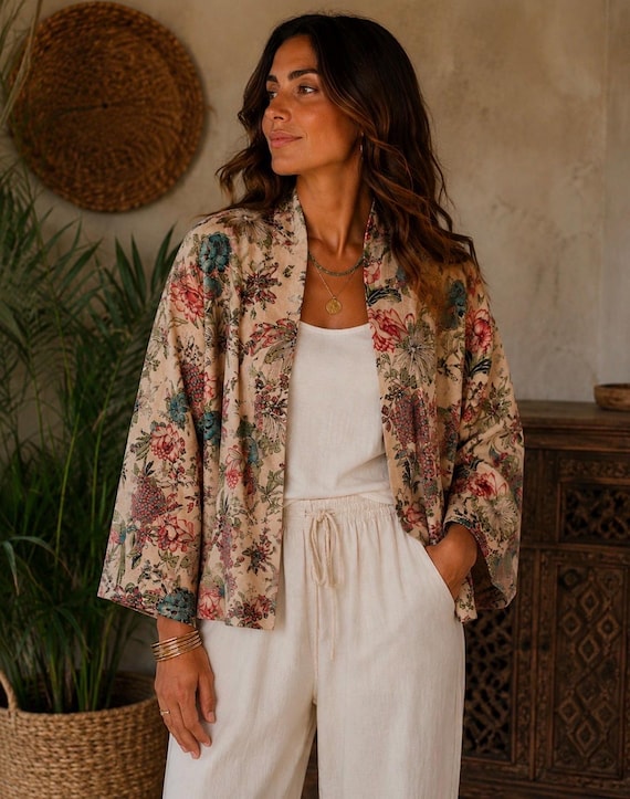 Cotton Kimono Jacket: Floral Bird Print, Pale Pink | Plus Size Kimono