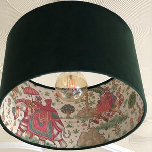 Emerald Green Velvet Lampshade with Indian Elephant and Tiger Paper Lining