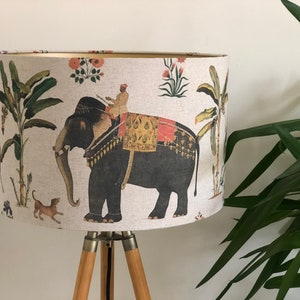 Indian Maharaja and Elephant Linen Drum Lampshade in Cream