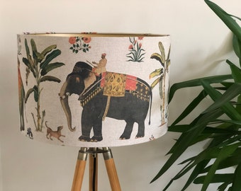 Indian Maharaja and Elephant Linen Drum Lampshade in Cream