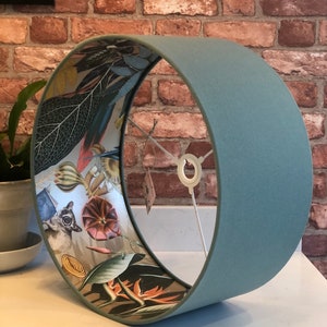 Sage Green Linen Lampshade with Gold Tropical Paper Lining with Lemur, Toucan, Parrot