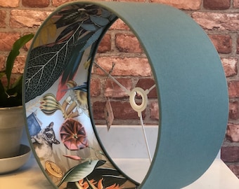 Sage Green Linen Lampshade with Gold Tropical Paper Lining with Lemur, Toucan, Parrot