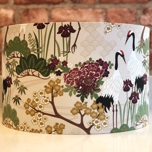 Vintage Japanse lampenkap met kraanvogel en kersenbloesem in groen, goud en pruim