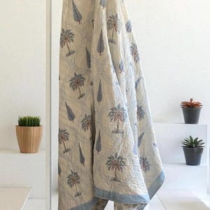 Indian Block Print Quilt in Blue and White with Palm Trees image 1