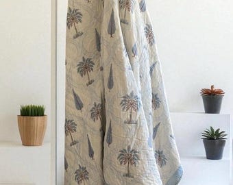 Indian Block Print Quilt in Blue and White with Palm Trees