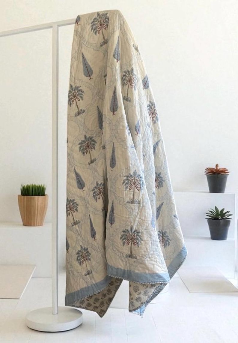 Indian Block Print Quilt in Blue and White with Palm Trees image 1