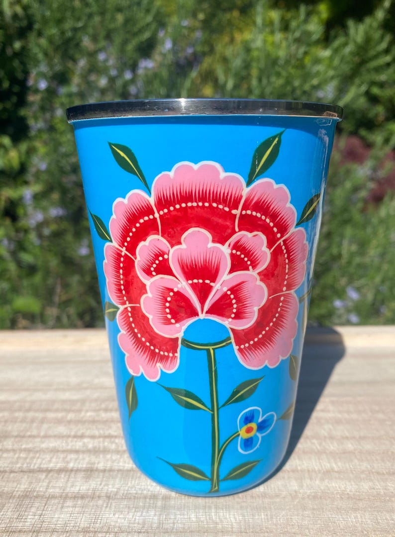 Hand-painted Stainless Steel/Enamel Tumbler from Kashmir Light Blue