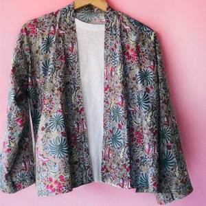 Cotton Kimono Jacket in Lilac Grey with Pink, Green and Yellow Flowers and Butterflies