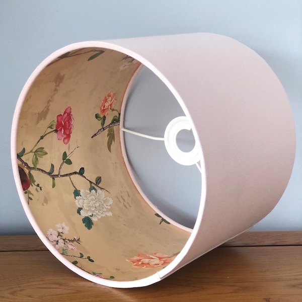 Pale Pink Lampshade with Gold Chinoiserie Bird Lining