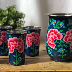 Hand-painted Dark Blue Floral Stainless Steel/Enamel Jug and Tumbler Set from Kashmir