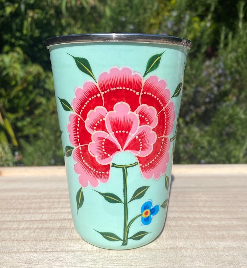 Hand-painted Stainless Steel/Enamel Tumbler from Kashmir Pale Green
