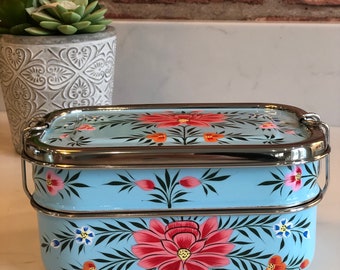 Hand-painted Flower Stainless Steel/Enamel Lunchbox from Kashmir in Pale Blue