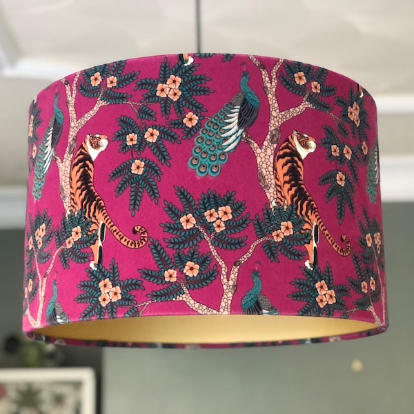 Tiger and Peacock Velvet Lampshade in Magenta Bright Pink with Brushed Gold Lining