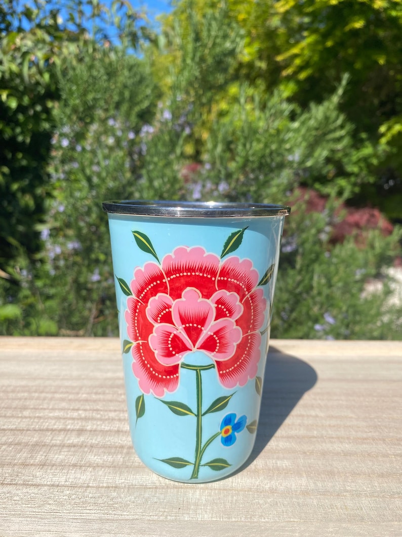 Hand-painted Stainless Steel/Enamel Tumbler from Kashmir Pale Blue
