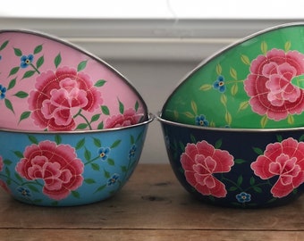 Hand-painted Stainless Steel/Enamel Mixing Bowl from Kashmir in Blue, Green or Pink Floral