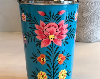 Hand-painted Bright Blue Stainless Steel/Enamel Tumbler from Kashmir