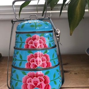 Hand-painted Light Blue Stainless Steel/Enamel Tiffin Lunchbox from Kashmir