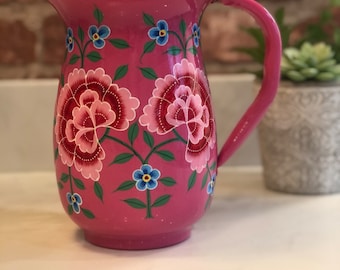 Hand-painted Bright Pink Floral Stainless Steel/Enamel Jug from Kashmir