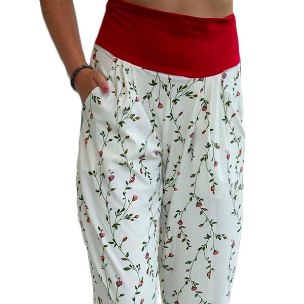 Pantalon sarouel de yoga rouge doux et beurré à imprimé Rose Bud pour femmes