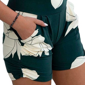 Women's Green and White Floral Buttery Soft Yoga waistband Harem Shorts