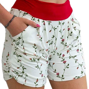 Women's Rose Bud Buttery Soft Red Yoga waistband Harem Shorts