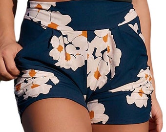 Damen Marine und Weiß Floral Butterweiche Yoga Bund Harem Shorts