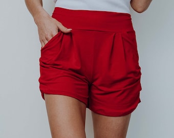 Women's Red Solid Buttery Soft Yoga waistband Harem Shorts