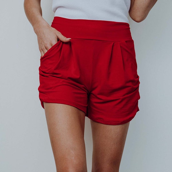 Women's Red Solid Buttery Soft Yoga waistband Harem Shorts