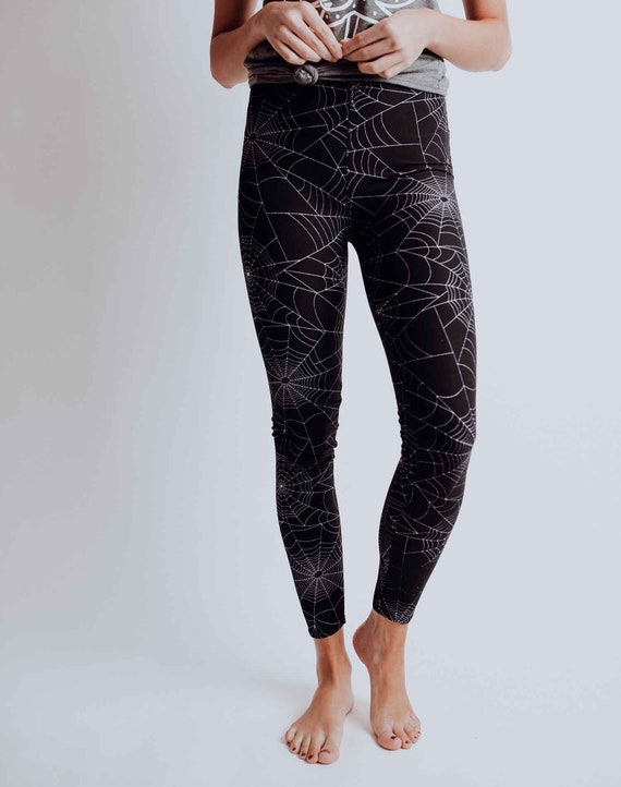 Women's Black and White Halloween Spider Web Buttery Soft Yoga Waistband  Leggings 