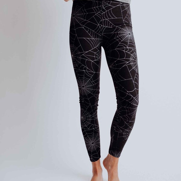 Women's Black and White Halloween Spider Web buttery soft Yoga waistband Leggings