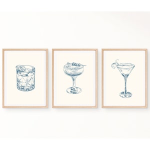 Láminas de cócteles antiguos / Decoración de carritos de bar / Juego de 3 / Dibujos minimalistas de cócteles