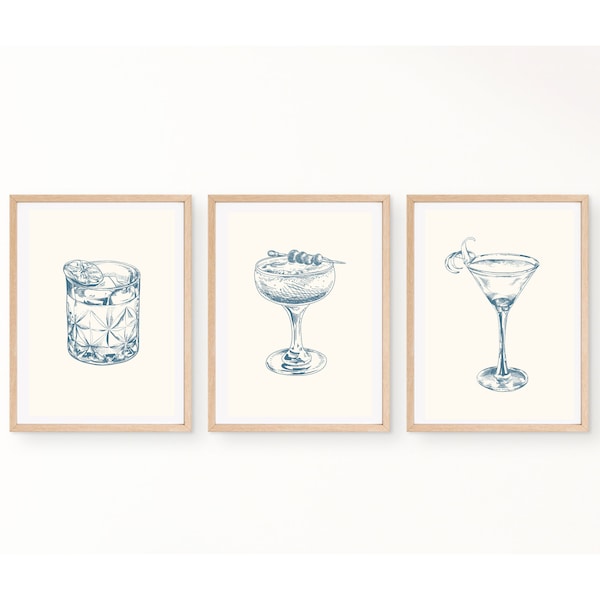 Vintage Cocktail Prints | Bar Cart Decor | Set of 3 | Minimalist Cocktail Drawings