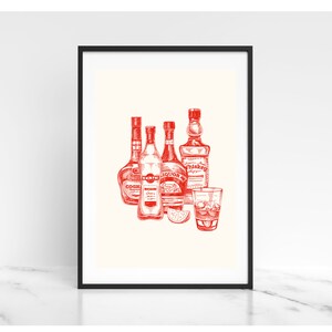 Vintage Liquor Bottle Prints | Bar Cart Decor | Minimalist Cocktail Drawings | Kitchen Decor