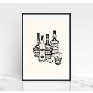 Vintage Liquor Bottle Prints | Bar Cart Decor | Minimalist Cocktail Drawings | Kitchen Decor