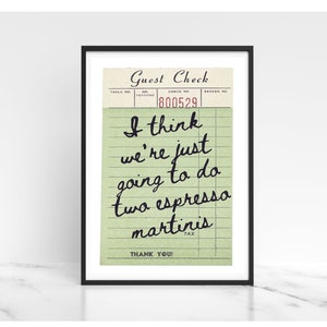 Afdrukken gastencheques | Trendy bon kunst aan de muur | Espresso-martini's | Decoratie barwagen